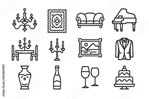 Opulent Interior Icons. Opulent Interior. Line icon set of Opulent Interior: chandelier, ornate rug, sofa set, grand piano, dining table, candelabra, framed