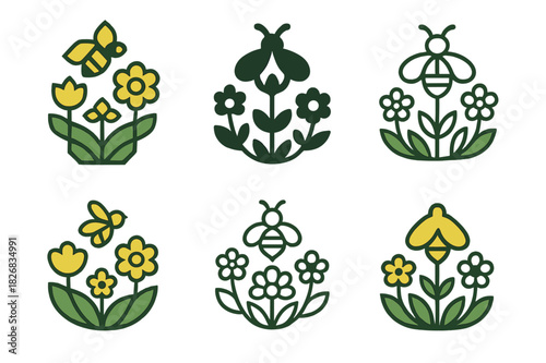 Garden Bee Logos. Flowering garden and bees. Icon set. Set Logo of flowering garden and bees: nature's pollination cycle. harmonious logo variations of the