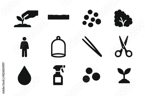 Assembly Icons Set. Assembly process. Solid icon set of Assembly process: hand placing plant, soil layer, pebbles, moss, miniature figurine, glass container,