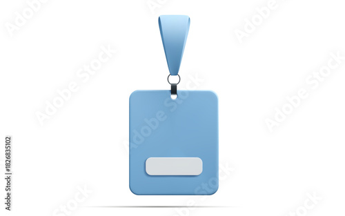 3d blue id badge with lanyard and blank white label isolated on white background