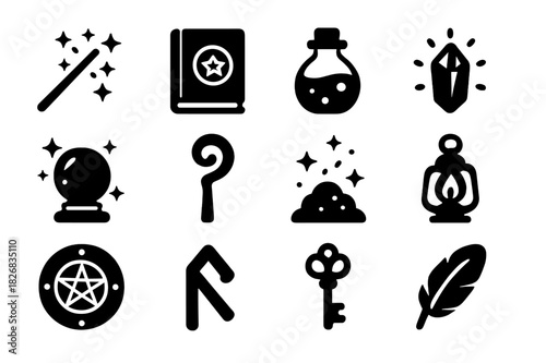 Forest Magic Icons. Forest magic. Solid icon set of forest magic: wand, spell book, potion bottle, glowing crystal, magical orb, enchanted staff, fairy dust,
