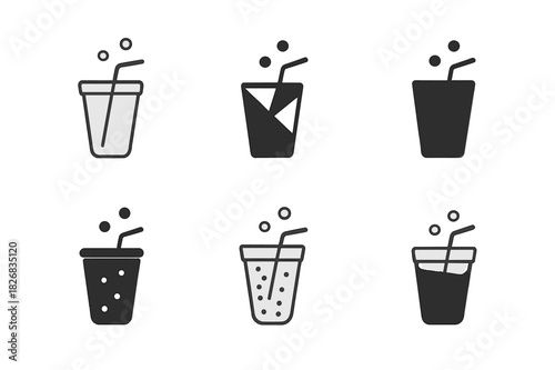 Soda Pop Icons. Soda pop. Icon set. Set Logo of soda pop: cup with straw and fizz. harmonious logo variations of the same emblematic concept, each with