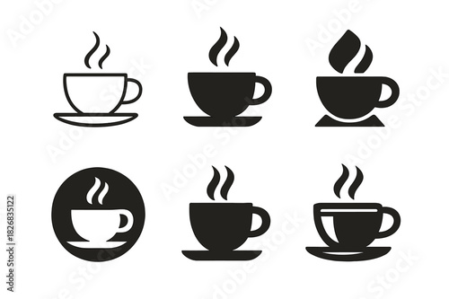 Cafe Logo Variations. cafe. Icon set. Set Logo of cafe: steaming cup of coffee. harmonious logo variations of the same emblematic concept, each with different