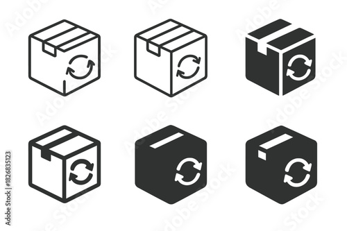 Subscription Box Logos. Subscription boxes. Icon set. Set Logo of subscription boxes: parcel with arrow refresh loop. harmonious logo variations of the same