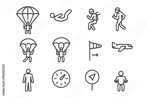 Parachute Motion Icons. Parachute motion. Line icon set of Parachute motion: canopy open, freefall, descent, flare maneuver, landing, steering toggles, ripcord