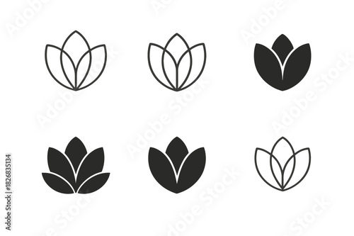 Petal Emblem Variations. Layers unfolding. Icon set. Set Logo of petals opening. harmonious logo variations of the same emblematic concept (Abstract geometric,