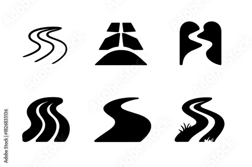 Garden Path Logos. Garden path. Icon set. Set Logo of garden path: minimal zen path design. harmonious logo variations of the same emblematic concept, each