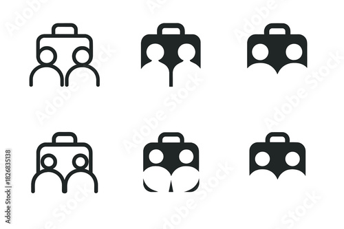 Shared Suitcase Icons. Traveling together. Icon set. Set Logo of shared suitcase. harmonious logo variations of the same emblematic concept (Minimal outline,