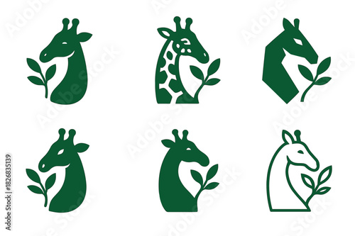 Giraffe Logo Variations. giraffe. Icon set. Set Logo of giraffe: minimalist giraffe face. harmonious logo variations of the same emblematic concept, each with