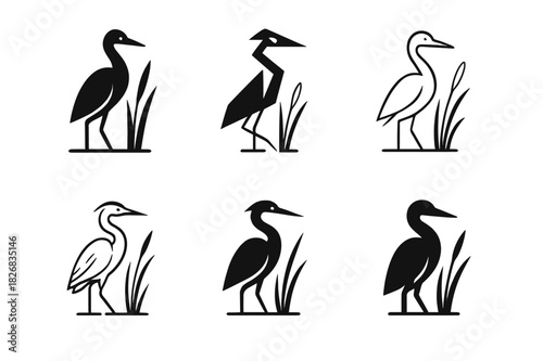 Heron Logo Variations. Herons. Icon set. Set Logo of Herons: heron wading among reeds. harmonious logo variations of the same emblematic concept, each with