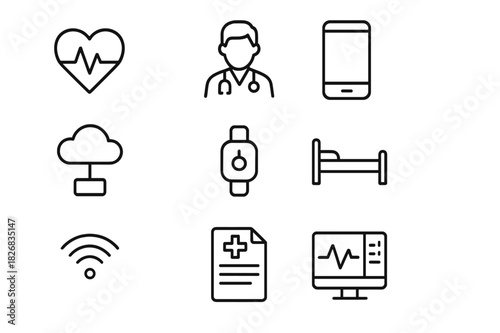 Remote Patient Monitoring Icons. Remote patient monitoring. Line icon set of remote patient monitoring: heart rate, doctor avatar, smartphone, cloud