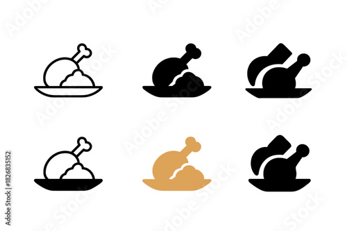 Roasted Chicken Icons. Preparing a roasted chicken with a side of mashed potatoes. Icon set. Set Logo of roasted chicken meal: chicken drumsticks and mashed