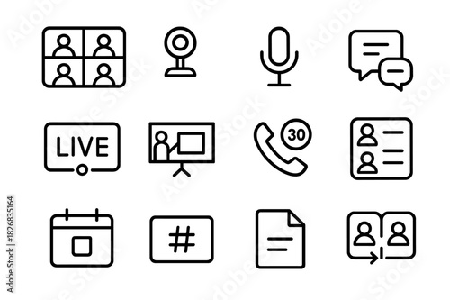 Online Conference Icons. Online conference. Line icon set of online conference: multi-user screen, webcam feed, microphone icon, chat thread, live stream icon,