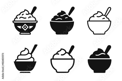 Diverse Potato Logos. Potato. Icon set. Set Logo of Potato: Mashed Potato Bowl. harmonious logo variations of the same emblematic concept, each with different