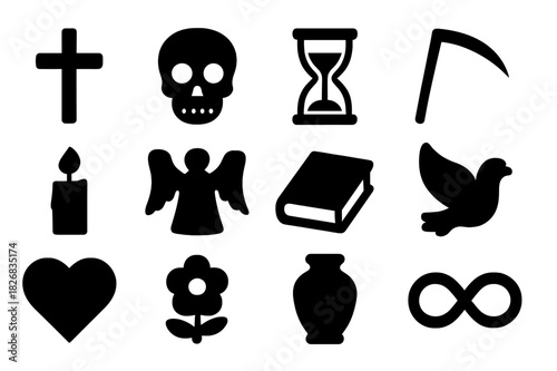 Graveyard Symbols Icons. Graveyard Symbols. Solid icon set of Graveyard Symbols: cross, skull, hourglass, scythe, candle, angel, book, dove, heart, flower,