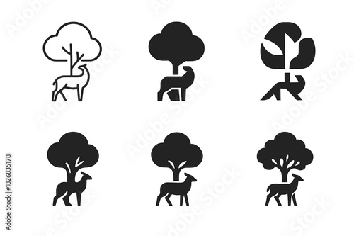 Biodiversity Conservation Logos. biodiversity conservation. Icon set. Set Logo of biodiversity conservation: tree and animal silhouettes. harmonious logo