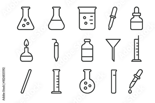 Chemical Experiment Icons. Chemical experiments. Line icon set of chemical experiments: Erlenmeyer flask, volumetric flask, beaker, test tube, Bunsen burner,