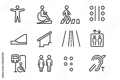 Universal Urban Accessibility Icons. Universal urban access. Line icon set of Universal urban access: universal access symbol, wheelchair ramp, pedestrian