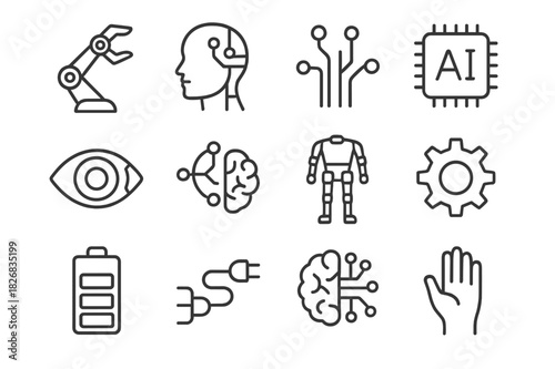 Cybernetic Icon Set. Cybernetics. Line icon set of cybernetics: robotic arm, human head, circuit pattern, AI chip, mechanical eye, neural link, exoskeleton,