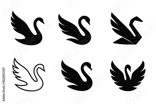 Elegant Swan Logo Collection. Swans. Icon set. Set Logo of swans: flying swan with open wings in graceful curve. harmonious logo variations of the same