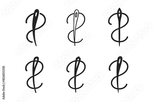 Timeless Fashion Icons. Timeless fashion and slow fashion principles. Icon set. Set Logo of timeless fashion: sewing needle and thread symbol. harmonious logo