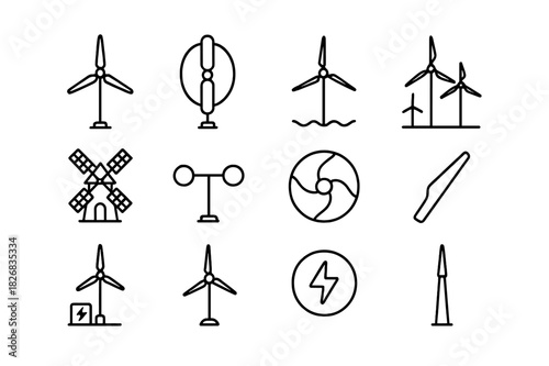 Wind Energy Icons. Wind energy. Line icon set of wind energy: horizontal-axis turbine, vertical-axis turbine, offshore wind turbine, wind farm, windmill,
