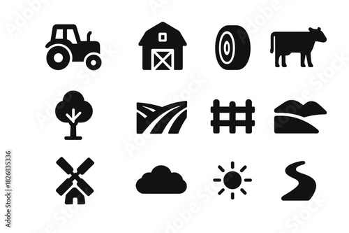 Farm Icon Set. Farmland view. Solid icon set of farmland view: tractor, barn, hay bale, cow, tree, field, fence, hill, windmill, cloud, sun, stream. Filled