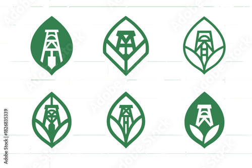 Sustainable Mining Icons. Efficient energy use in mining industries. Icon set. Set Logo of efficient energy use in mining industries: sustainable mine shaft