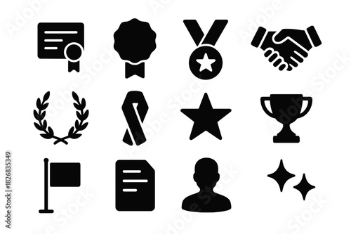 Honor Icons Set. Honor and recognition. Solid icon set of honor and recognition: certificate, badge, medal, handshake, laurel wreath, ribbon, star, trophy,