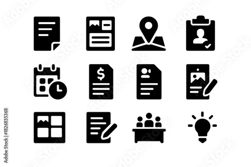 Pre-Production Icon Set. Pre-production. Solid icon set of pre-production: script, storyboard, location scout, casting call, production schedule, budget sheet,