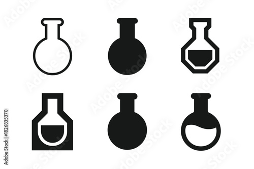 Flask Icon Variations. Flasks. Icon set. Set Logo of flasks: round-bottom laboratory flask. harmonious logo variations of the same emblematic concept, each