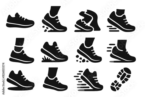 Running Shoes Icons. Running Shoes Close-Up. Solid icon set of sneakers, foot striking ground, trail path, motion lines, socks, dirt, grass, pebble, ankle,