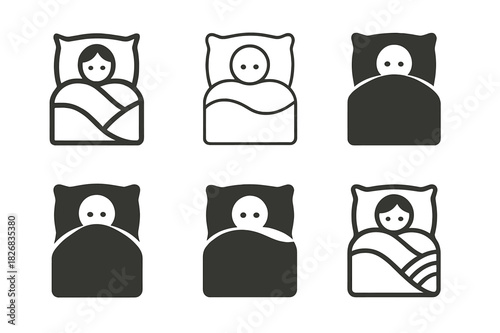 Snuggle Logo Variations. Snuggling under the covers. Icon set. Set Logo of snuggling under the covers: pillow and blanket symbol. harmonious logo variations of