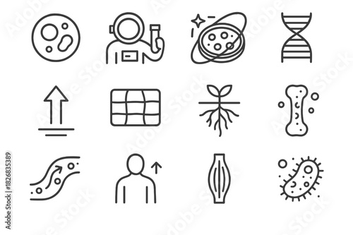Microgravity Biology Icons. Microgravity biology. Line icon set of microgravity biology: cell floating, astronaut with test tube, Petri dish in space, DNA