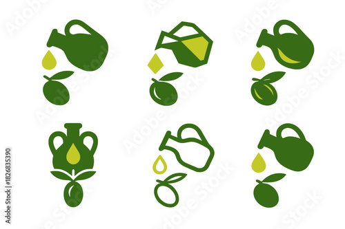 Pouring Olive Oil Icons. pouring olive oil. Icon set. Set Logo of pouring olive oil: drizzle motion. harmonious logo variations of the same emblematic concept,