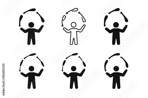 Juggling Tricks Icon Set. Learning juggling or balance tricks. Icon set. Set Logo of learning juggling or balance tricks: juggling clubs forming an arc above