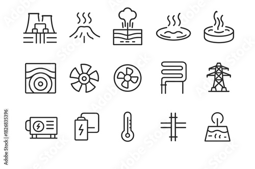 Geothermal Energy Icons. Geothermal energy. Line icon set of geothermal energy: geothermal plant, steam vent, hot spring, earth layers, turbine, heat