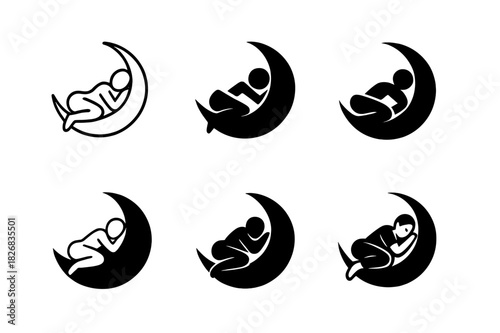 Sleep Meditation Logos. sleep meditation. Icon set. Set Logo of sleep meditation: person resting on a crescent moon. harmonious logo variations of the same