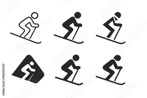 Ski Logo Variations. Skiing or snowboarding down a snowy mountain slope. Icon set. Set Logo of skier. harmonious logo variations of the same emblematic concept