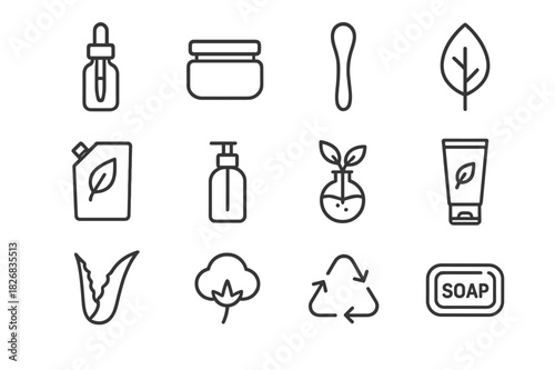 Eco Skincare Icons. Eco skincare. Line icon set of eco skincare: glass dropper, lotion jar, bamboo spatula, leaf, refill pouch, reusable pump, plant extract,