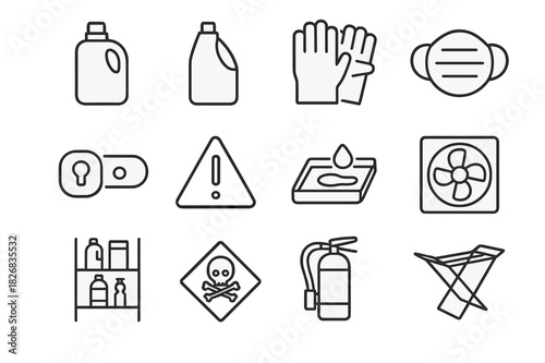 Laundry Safety Icons. Laundry safety. Line icon set of laundry safety: detergent bottle, bleach bottle, gloves, mask, child lock, warning sign, spill tray,