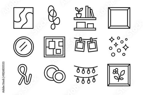 Artistic Wall Icon Set. Artistic wall decor. Line icon set of artistic wall decor: abstract canvas, metal sculpture, wall shelves, framed quote, mirror,