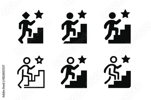 Overcoming Challenges Icons. Person overcoming challenges. Icon set. Set Logo of Person overcoming challenges: Stairs to star. harmonious logo variations of
