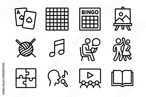 Leisure Activity Icons. Leisure and entertainment. Line icon set of Leisure and entertainment: card game, chess board, bingo, painting easel, knitting, music