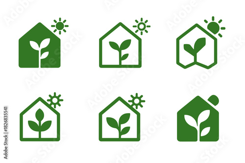 Greenhouse Logo Variations. Greenhouse farming. Icon set. Set Logo of greenhouse: greenhouse icon with eco symbols. harmonious logo variations of the same