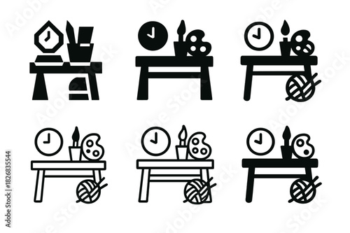 Creative Hobby Icons. setting aside time for hobbies like painting or knitting. Icon set. Set Logo of setting aside time for hobbies like painting or knitting: