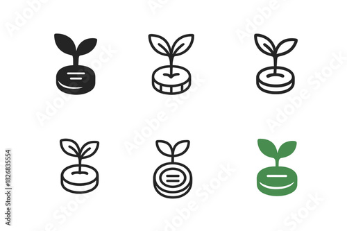 Ethical Branding Icons. Ethical branding. Icon set. Set Logo of ethical branding: plant sprouting from coin. harmonious logo variations of the same emblematic