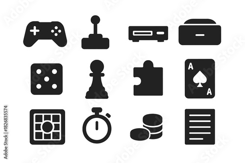 Gaming Icon Set. Gaming Icons. Solid icon set of game controller, joystick, console, VR headset, dice, chess piece, puzzle piece, playing card, board game,