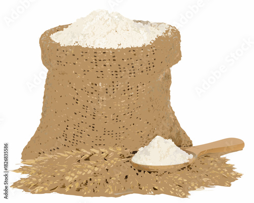 Burlap sack overflowing with white flour and a wooden spoon full of flour on wheat grains