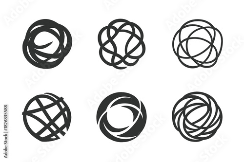 Tangled Hair Logos. Tangled hair. Icon set. Set Logo of tangled hair: Hair strands twisted in circle. harmonious logo variations of the same emblematic